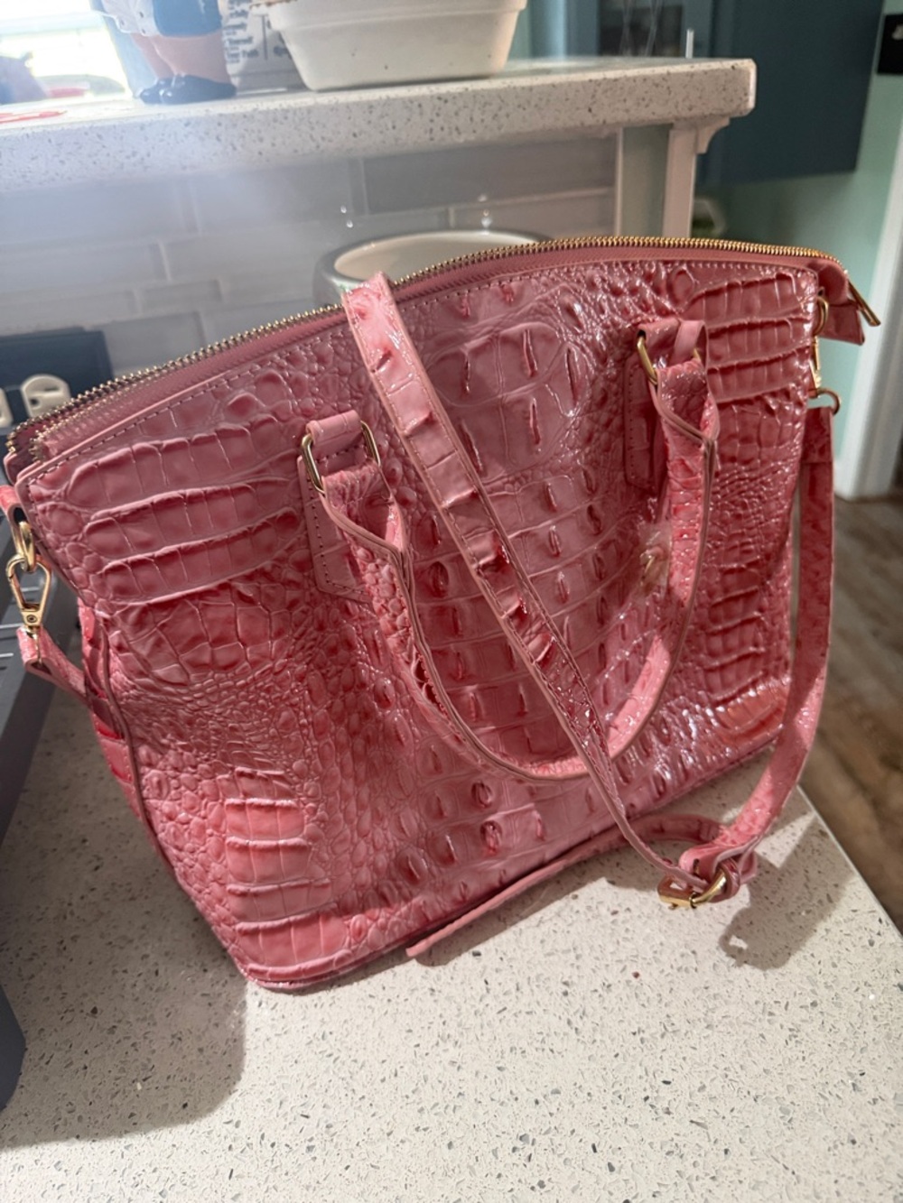 Pink Croc-Embossed Tote Bag - Women's Shoulder Handbag